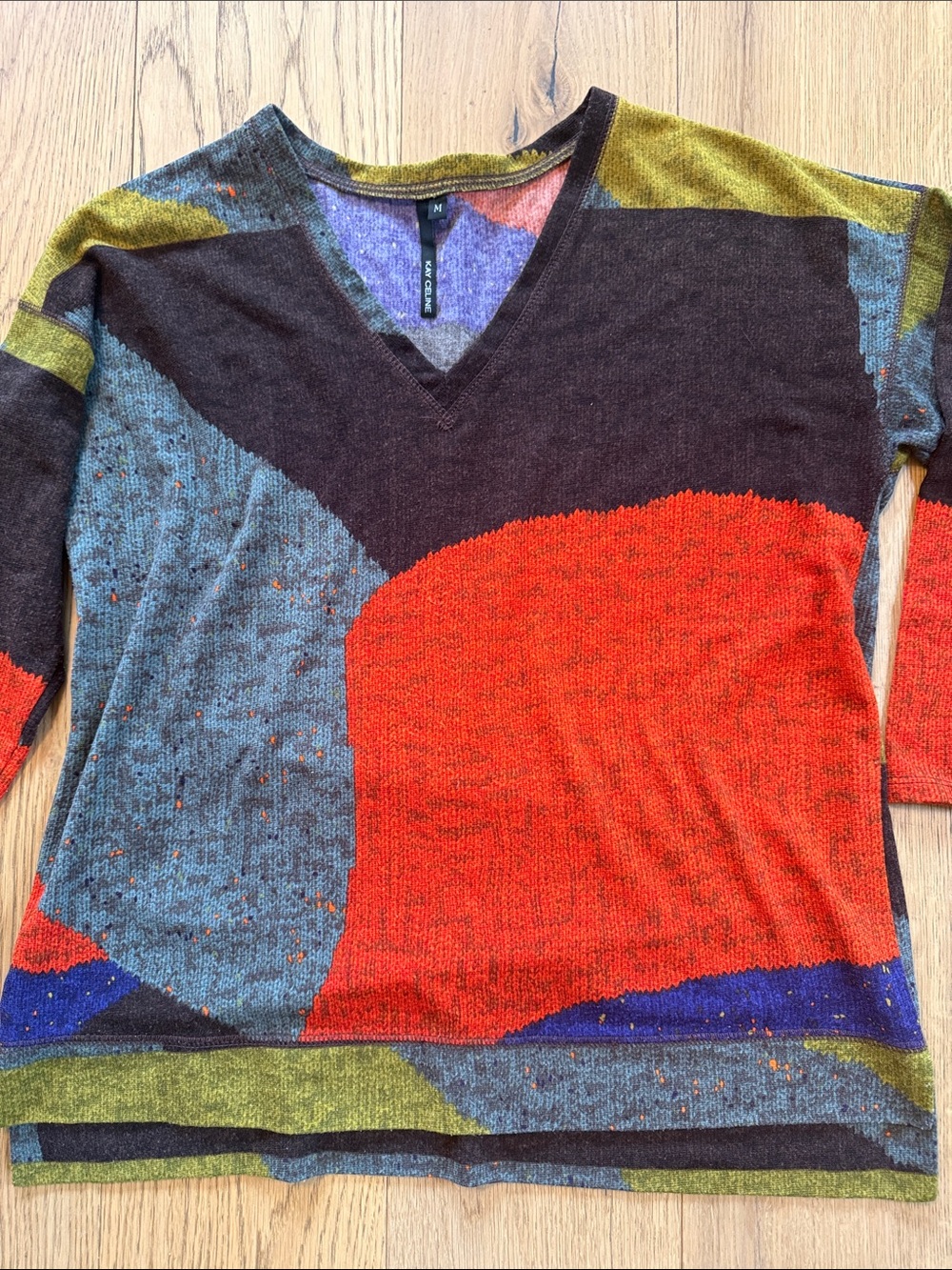 Kay Celine Multicolor V-Neck Sweater — Purple with Orange & Yellow Accents. #404